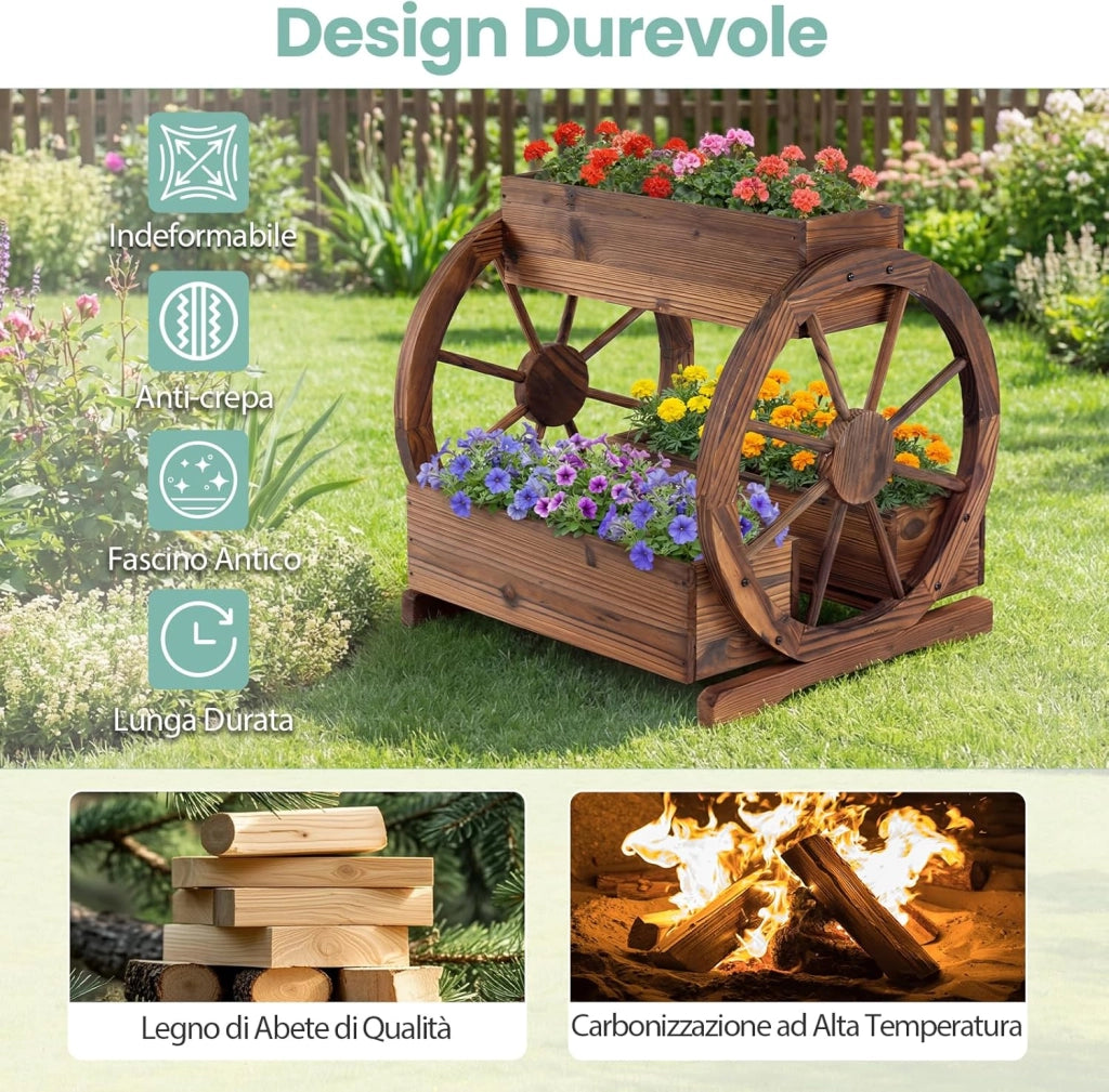 Fioriera a Carro in Legno, Letto da Giardino Rialzato a 2 Livelli con 3 Scatole, Fori di Drenaggio e Ruote, Carrello Decorativo per Fiori da Interno ed Esterno per Patio e Balcone