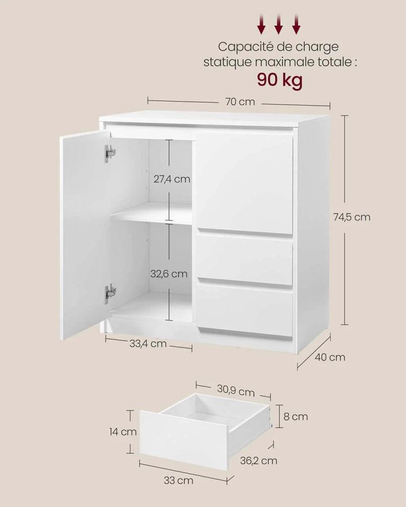 Mobiletto moderno con anta e ripiano regolabile in altezza 2 cassetti 40 x 70 x 745 cm per soggiorno sala da pranzo ufficio bianco nuvola 12_0004523