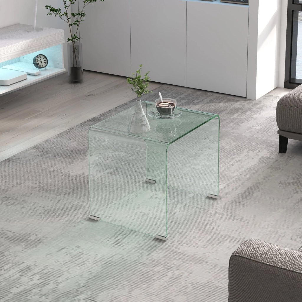 Tavolino in Vetro Temperato Moderno da Salotto con Design Monoblocco. 50x40x45 cm. Trasparente