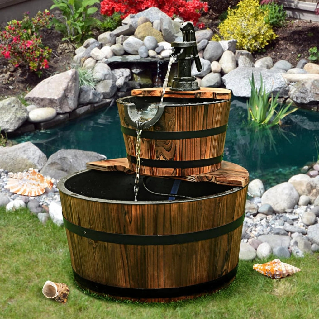 Fontana da Giardino 2 Piani con Pompa d'Acqua, Legno di Abete, Perfetto per Esterno, 61 x 44,5 x 44,5 cm