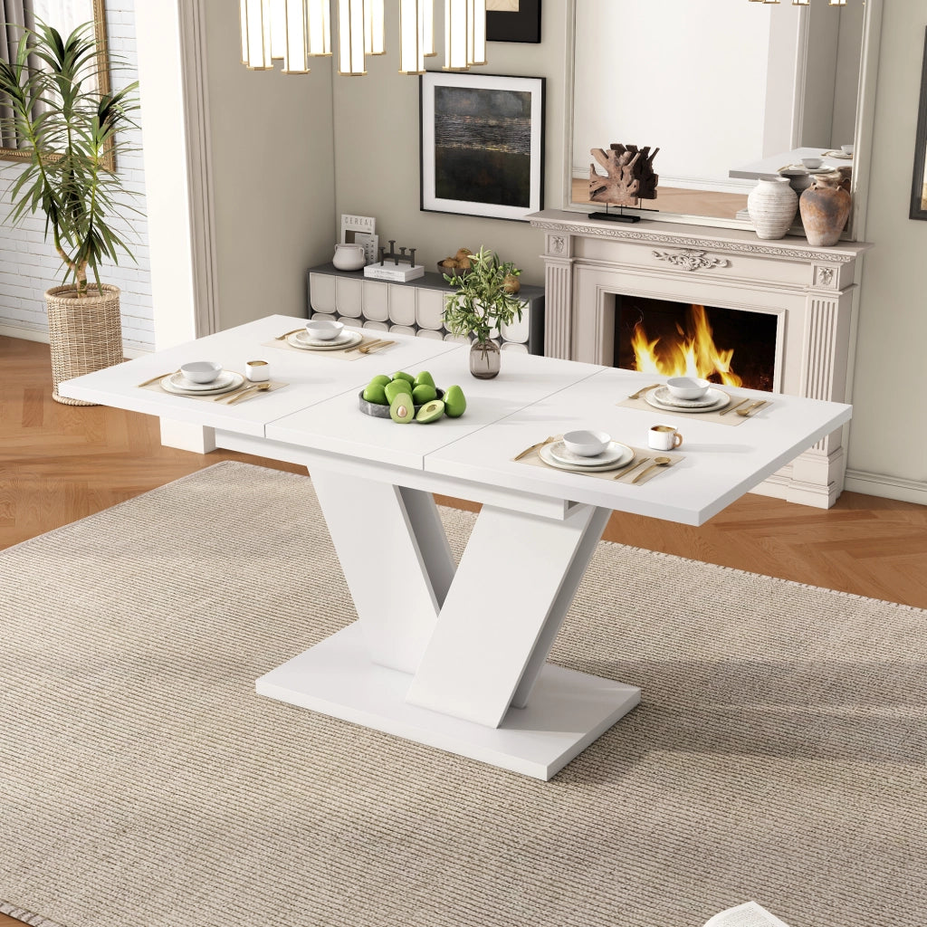 Tavolo da pranzo allungabile con 6 sedie girevoli in velluto, piano in MDF, gambe a V, per sala da pranzo, bianco