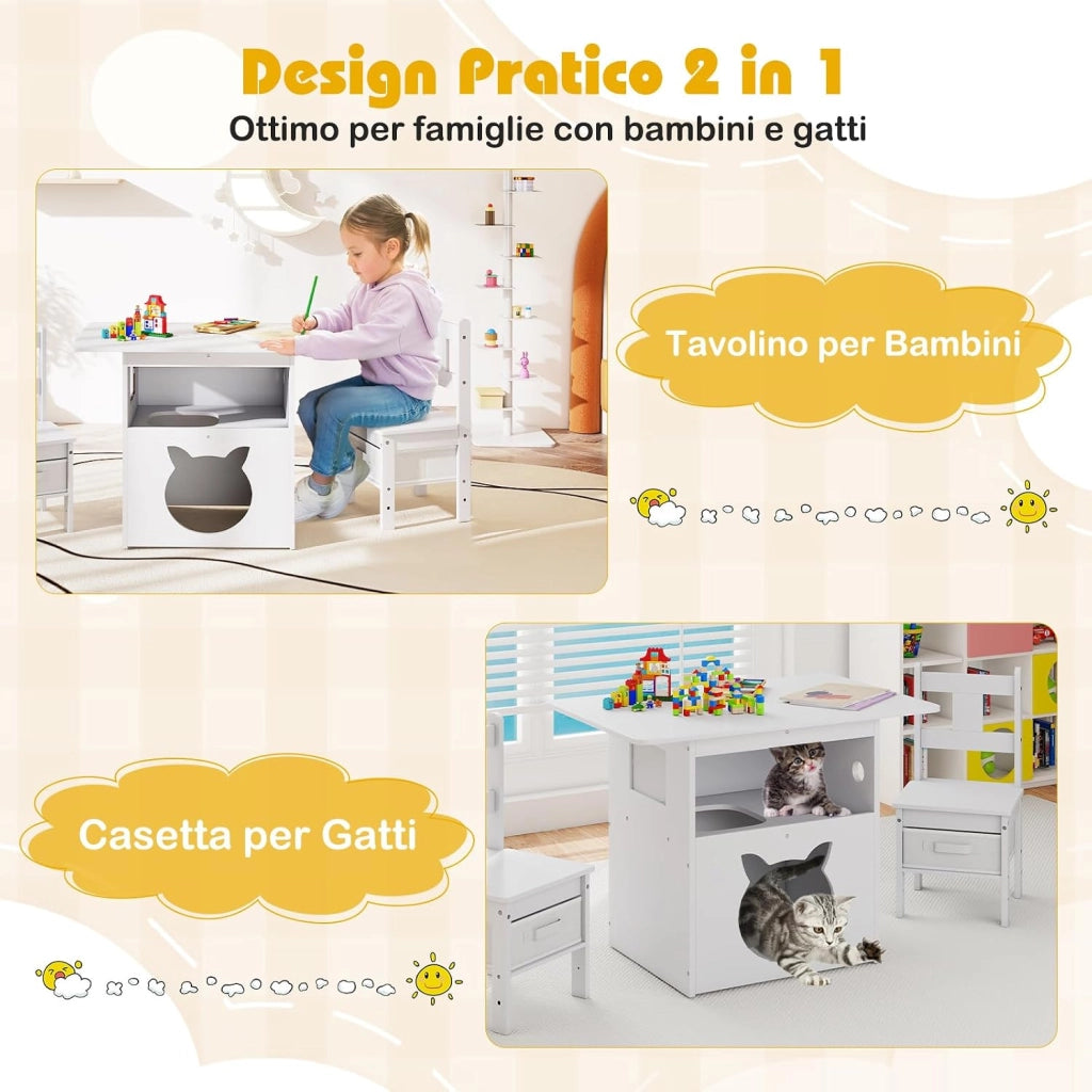 Tavole e Sedie per Bambini 3+ Anni, Tavolo in Legno con Casetta per Gatti, Buco per Gatti & Finestra Trasparente, 2 Sedie con Contenitori in Tessuto, Ideale per Disegnare e Studiare