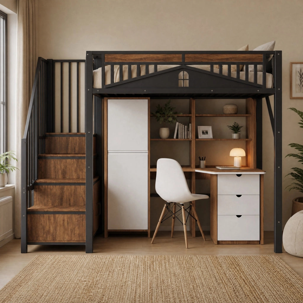 Letto a soppalco in metallo 90 x 200 cm con scala laterale, spazio contenitivo integrato e design finestra, nero