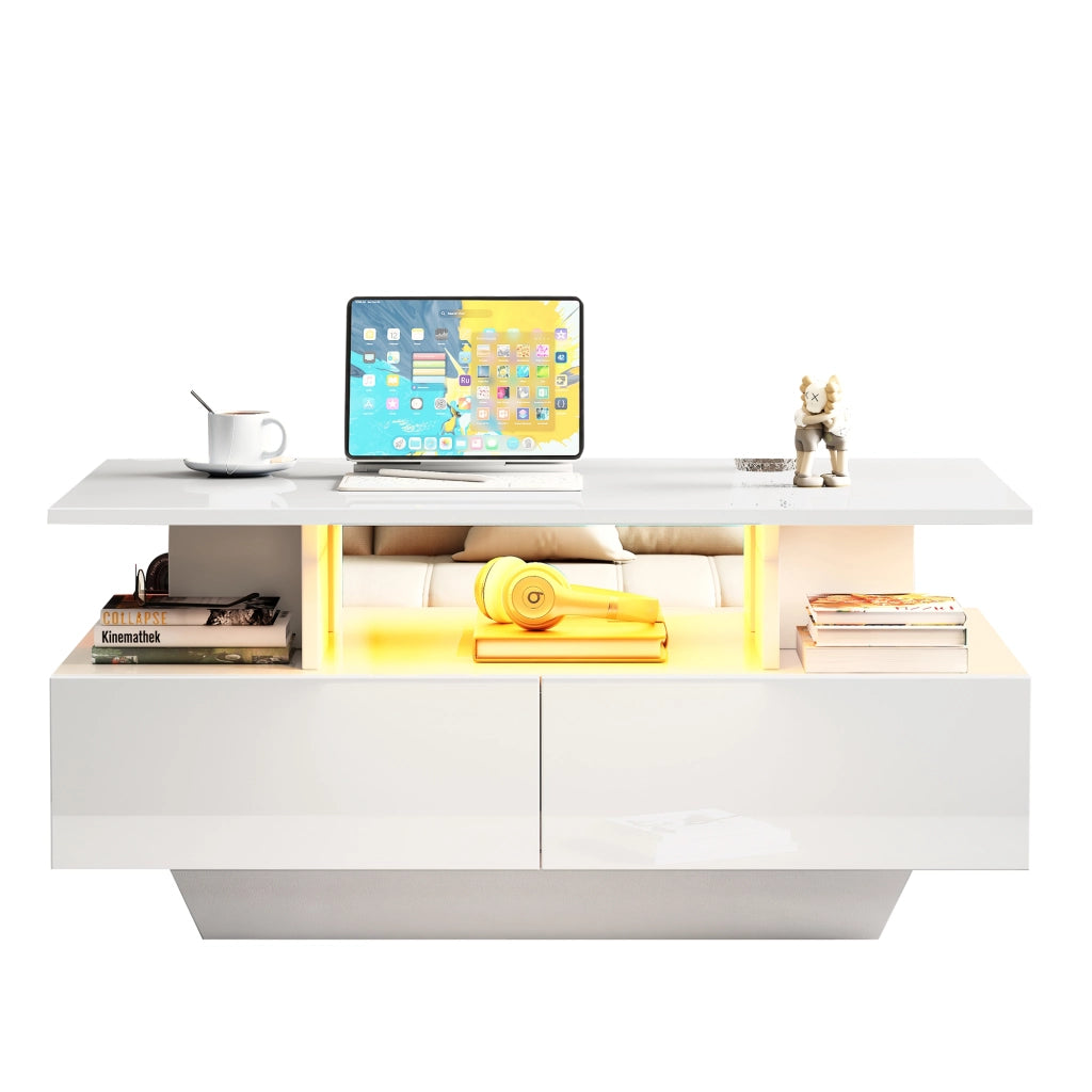 Tavolino basso con 2 cassetti e LED; finitura lucida; per soggiorno; 90 × 55 × 41 cm; bianco