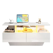 Tavolino basso con 2 cassetti e LED; finitura lucida; per soggiorno; 90 × 55 × 41 cm; bianco