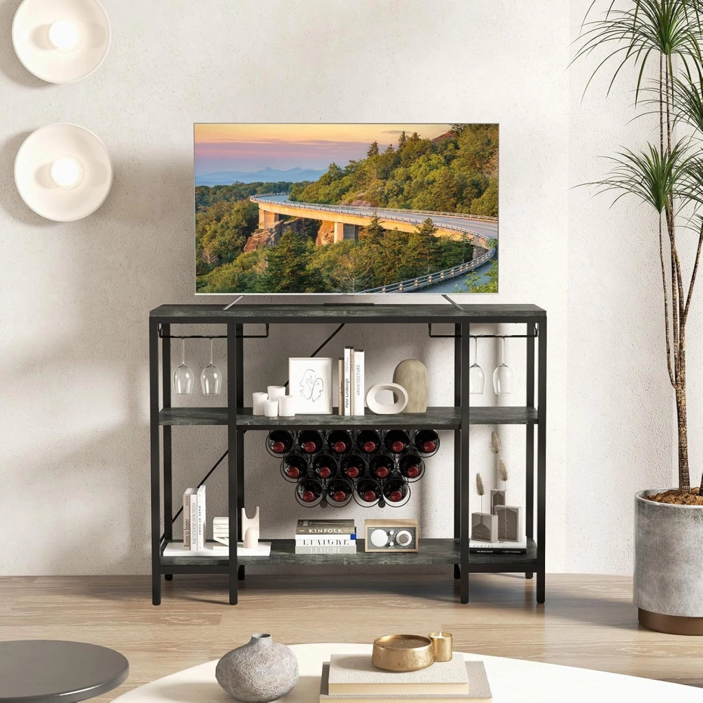 Portabottiglie Per 15 Bottiglie, Portabottiglie a 3 Livelli Con Supporto In Vetro, Tavolo Da Vino Con 2 Porte USB e 2 Prese, Armadietto Per Vino Industriale Metallo, 113 x 35 x 85 cm