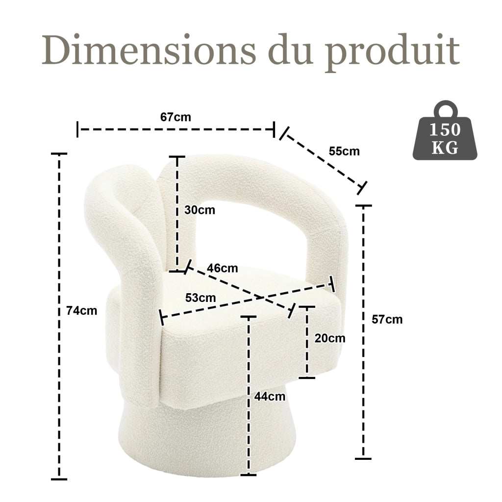 Poltrona Girevole 360° con Braccioli Arrotondati e Seduta Imbottita; in Boucle Beige 67 × 55 × 74 cm