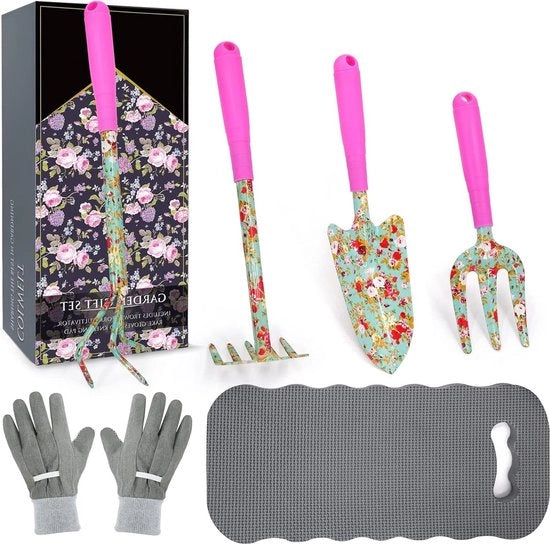 Collezione di attrezzi per la cura dei fiori 6 pezzi con bellissimo design - insieme per la cura della giardiniera - attrezzi per la piantagione - vanga forchetta cacciavite - guanti da giardinaggio cuscino per le ginocchia