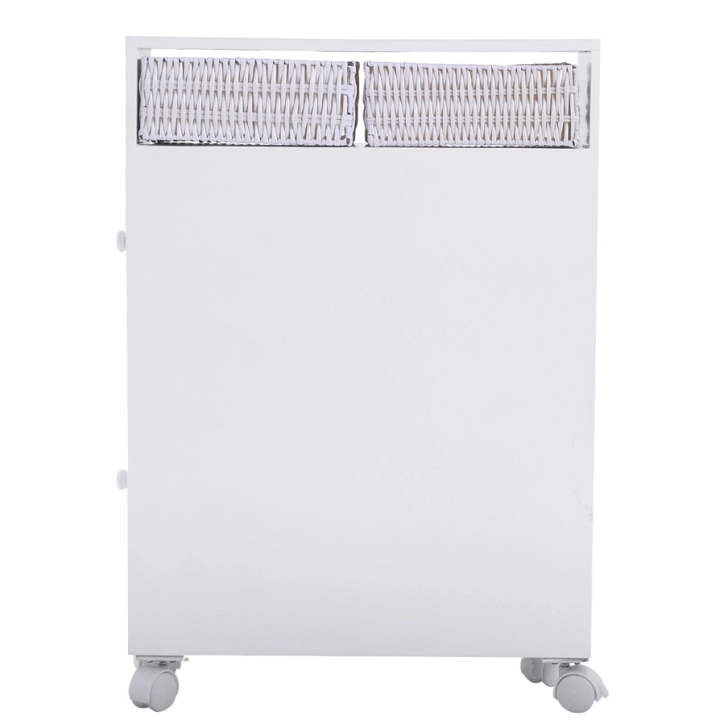 Armadio di legno con cassetti cesti e porta scopino del water-Buffet-Armadio da cucina Credenza con ruote per piccoli spazi Bianco