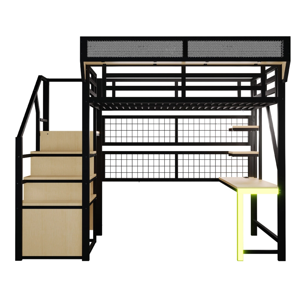 Letto a soppalco 140 × 200 cm con scrivania, ripiani, led e prese, senza materasso, metallo, nero