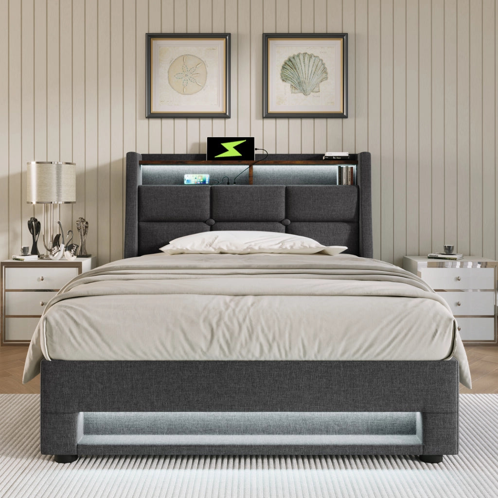 DESMIU Letto singolo 90 × 200 cm 1 posto con LED, USB e contenitore, senza materasso, in lino, grigio