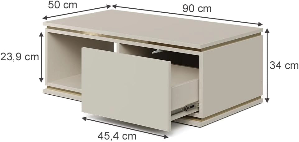 Tavolino Linette, Cachemire, 90 x 50 cm con cassetto, Meccanismo push-to-open per un'apertura silenziosa