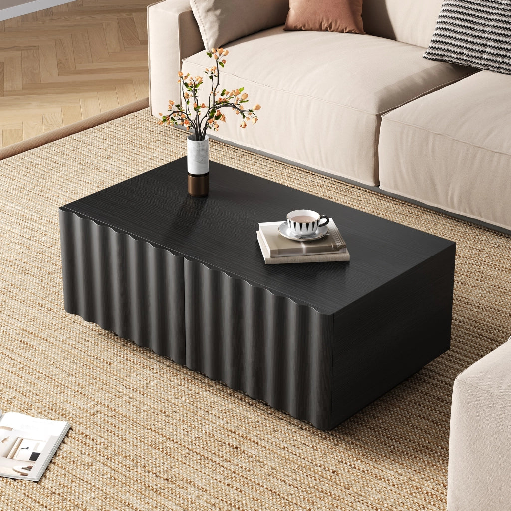 Tavolino basso con 2 cassetti e frontale a onde, per soggiorno, in MDF e pannello truciolare, nero, 100 × 50 × 40 cm