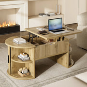 OKWISH Tavolino da Salotto Ovale con Piano Rialzabile, 2 Ante Scorrevoli e Ripiani Aperti, MDF, Rovere, 100×50×40,5 cm