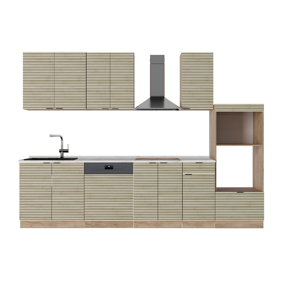 Cucina componibile Fame-Line Pannello in quercia/Rovere dorato 300 cm con armadio alto, senza piano di lavoro Vicco