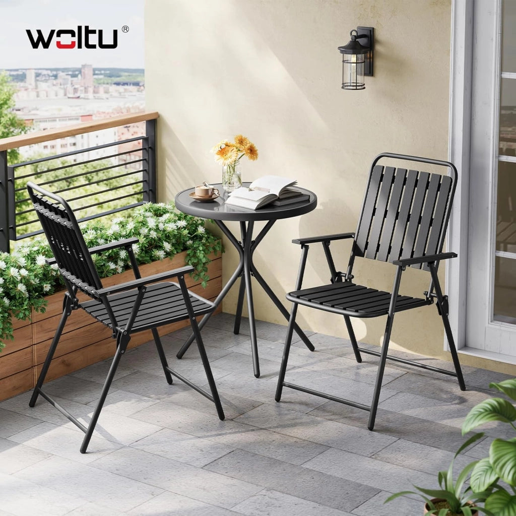 Set di Mobili da Esterno 3 Pezzi, Tavolo con 2 Sedie Pieghevoli, Struttura in Metallo, Resistente alle Intemperie, per Giardino, Terrazza e Balcone, Nero