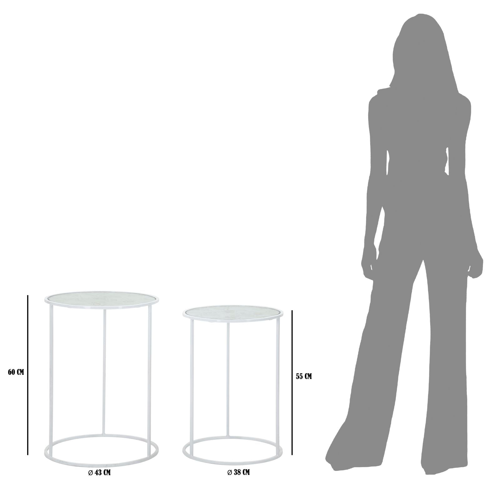 Tavolinetti Bianco Harts Coppia Ø43x60-38x55 cm in Ferro e Vetro Bianco