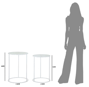 Tavolinetti Bianco Harts Coppia Ø43x60-38x55 cm in Ferro e Vetro Bianco