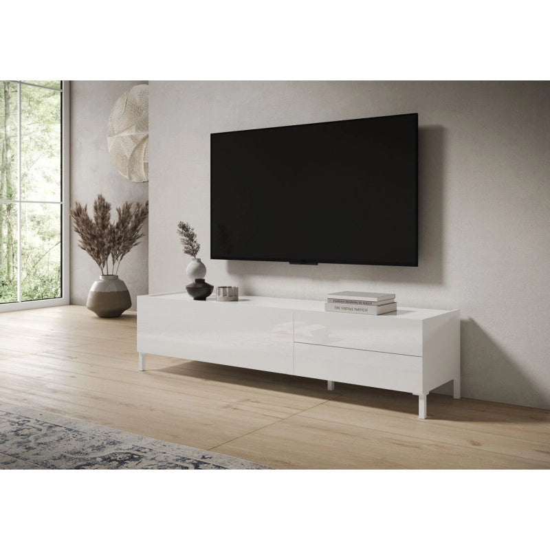 Porta TV moderno 1 ribalta/2 cassetti 160x42x40 cm Solaria - Bianco Lucido