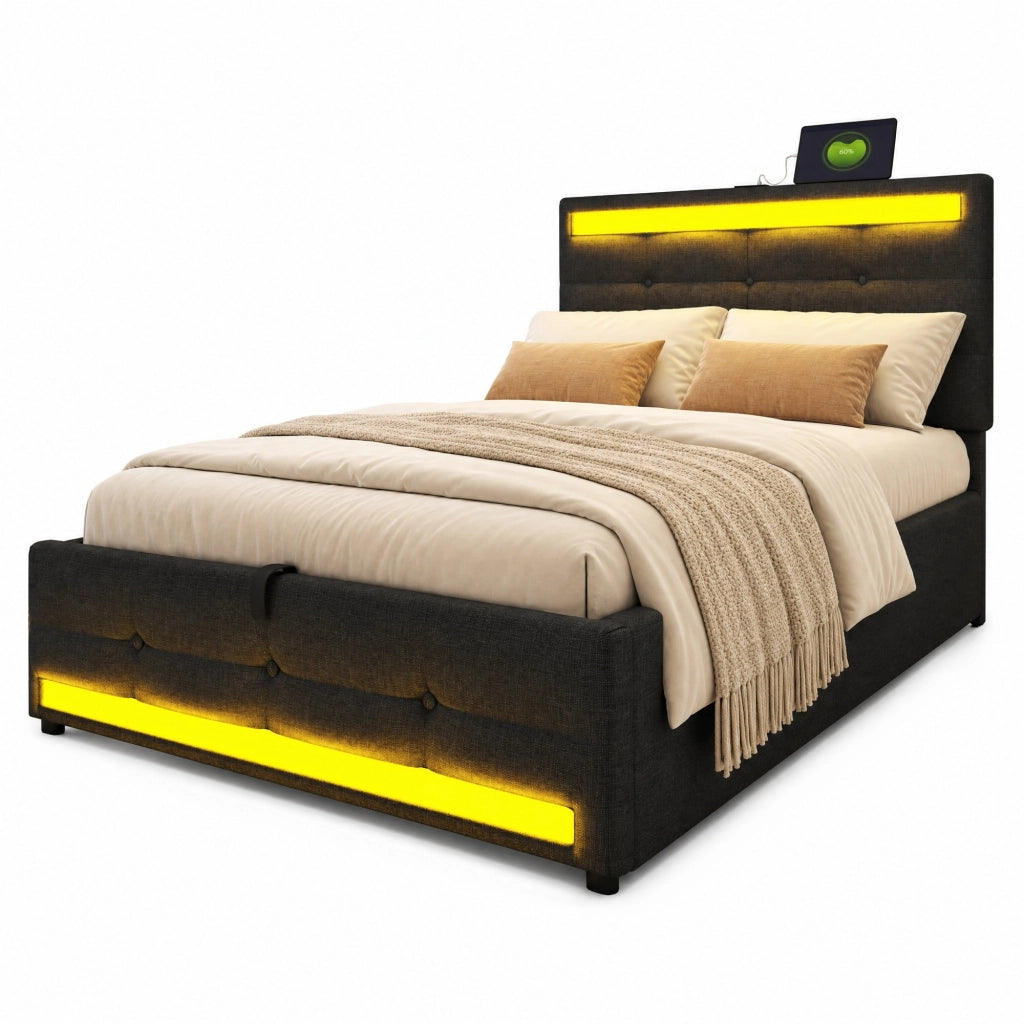 Letto imbottito singolo 90x200 cm con LED RGB; USB e testiera regolabile; grigio