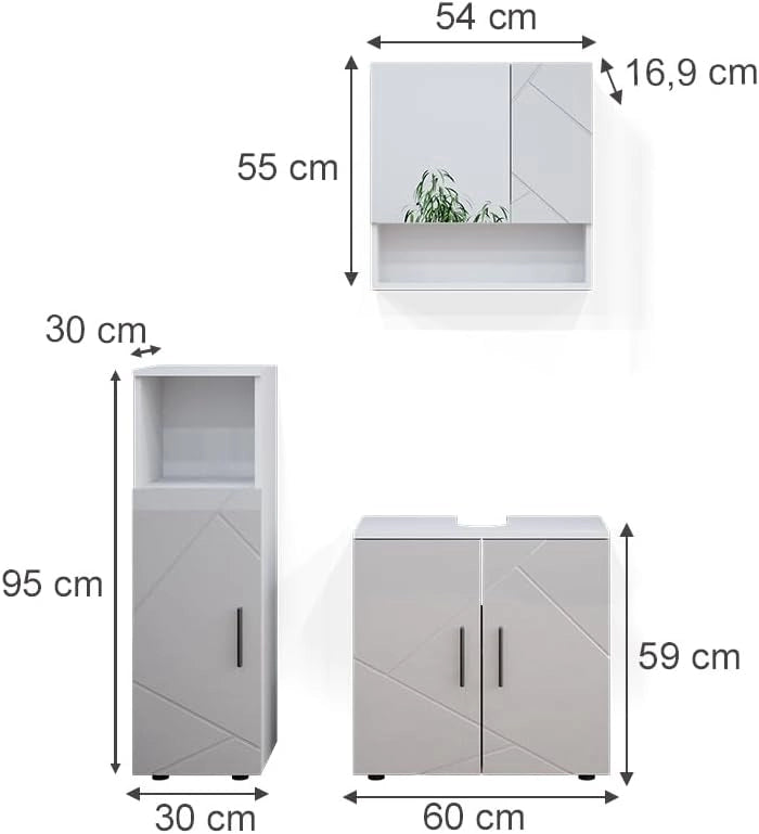 Set mobili bagno Irma, Bianco lucido, 80 cm, composto da mobile sottolavabo, specchiera e mobile medio