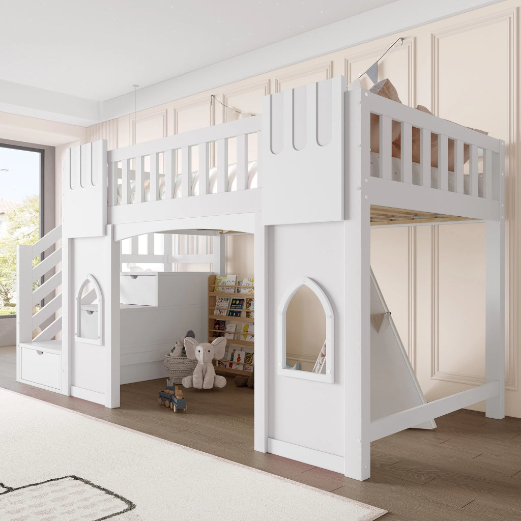 LETTO A CASTELLO con scala contenitore e finestre 90 x 200 cm bianco