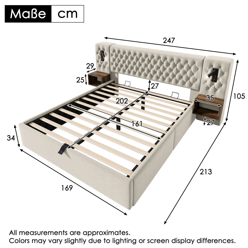 Letto matrimoniale contenitore 160x200 cm beige con comodini