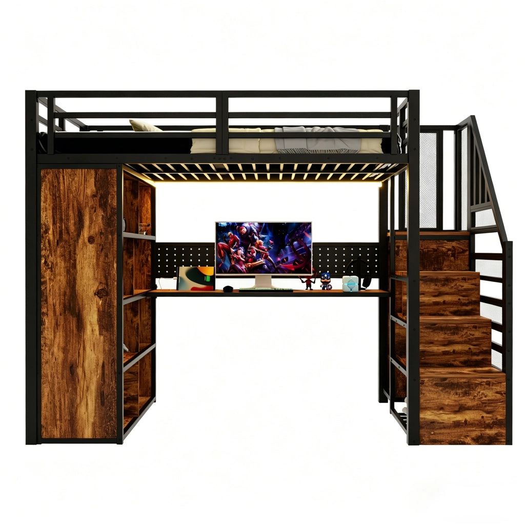 Letto a soppalco in metallo 90x200 con scrivania; armadio e LED; nero