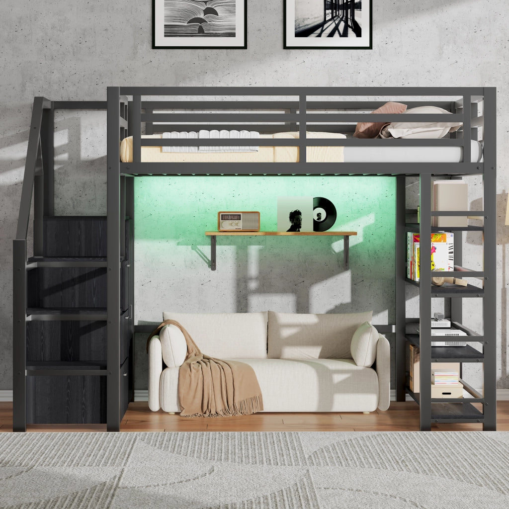 Letto a soppalco 140 × 200 cm con scaffale, armadio, scala contenitore e LED, senza materasso, nero