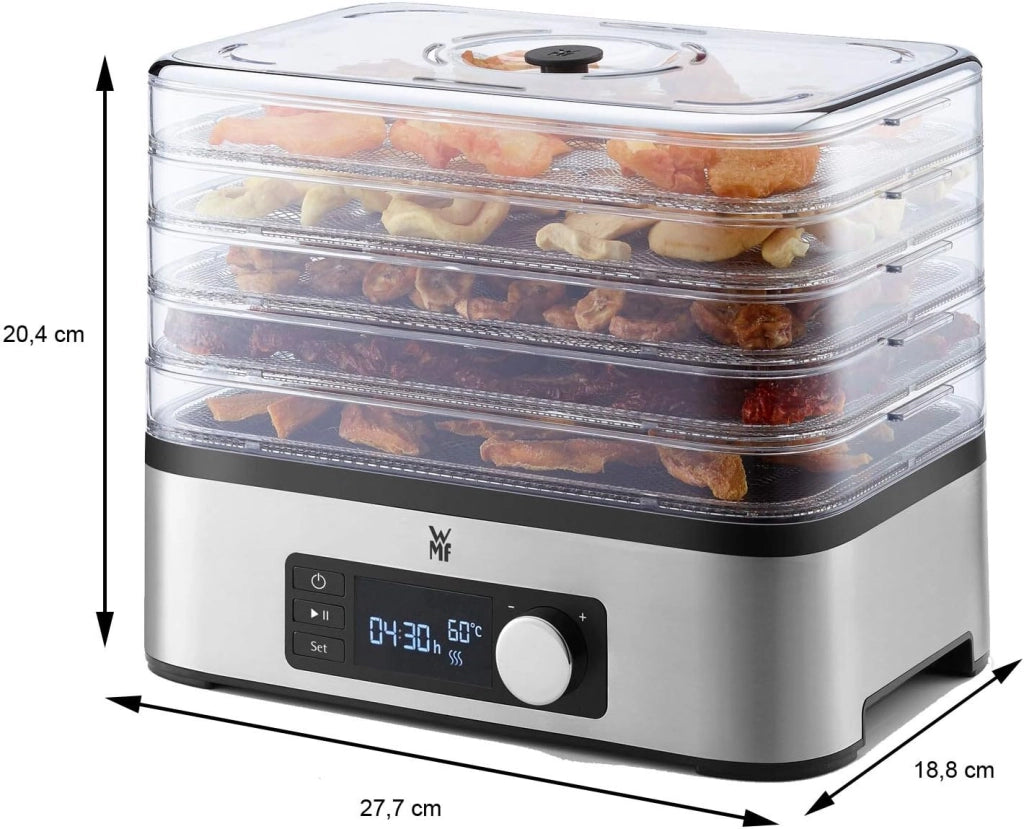 WMF KitchenMinis Essiccatore Compatto Snack to Go, in Acciaio Cromargan con 5 Griglie di Essicazione in Tritan, Sistema Silenzioso, Essicatore con Display LCD e Timer Programmabile, Dim. 28 x19x21 cm