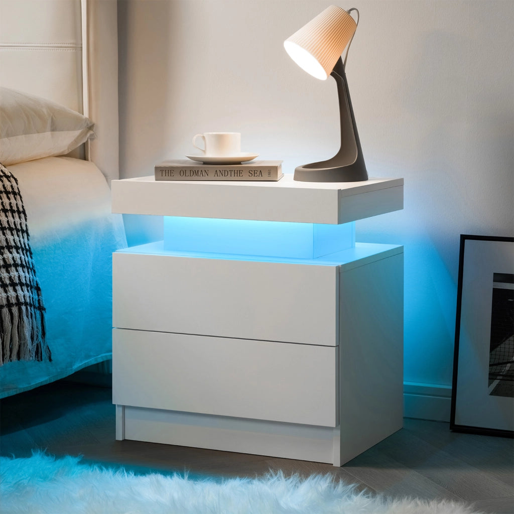 COMODINO LED con 2 cassetti Bianco in Legno ingegnerizzato
