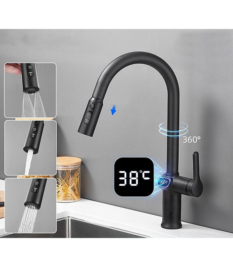 Rubinetto Cucina Display LED Temperatura LH-168 | Lega di Zinco | Estraibile | 3 Modi Acqua