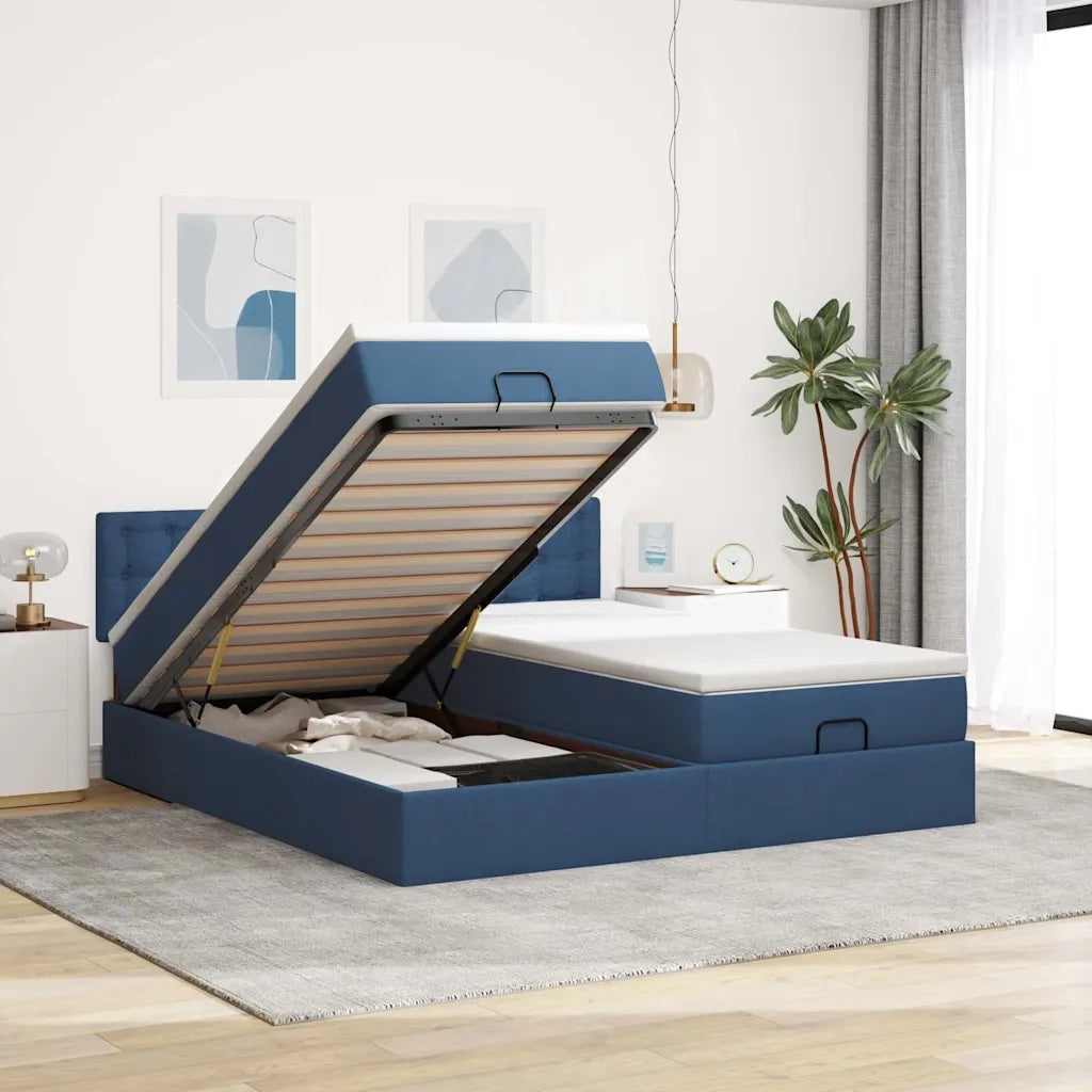 Struttura Letto Pouf con Materassi Blu 160x200 cm in Tessuto