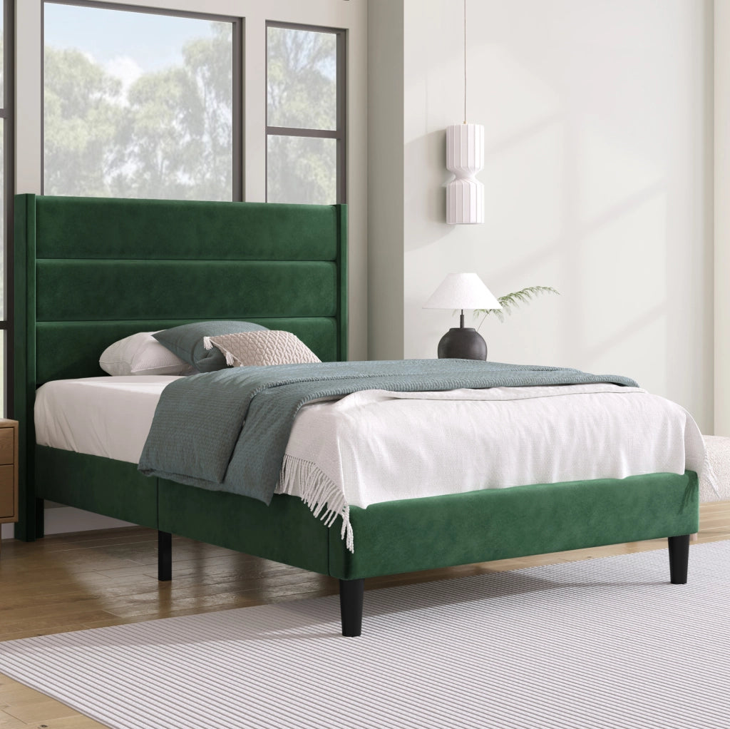 Letto imbottito 90x200 cm con testiera e rete; velluto verde