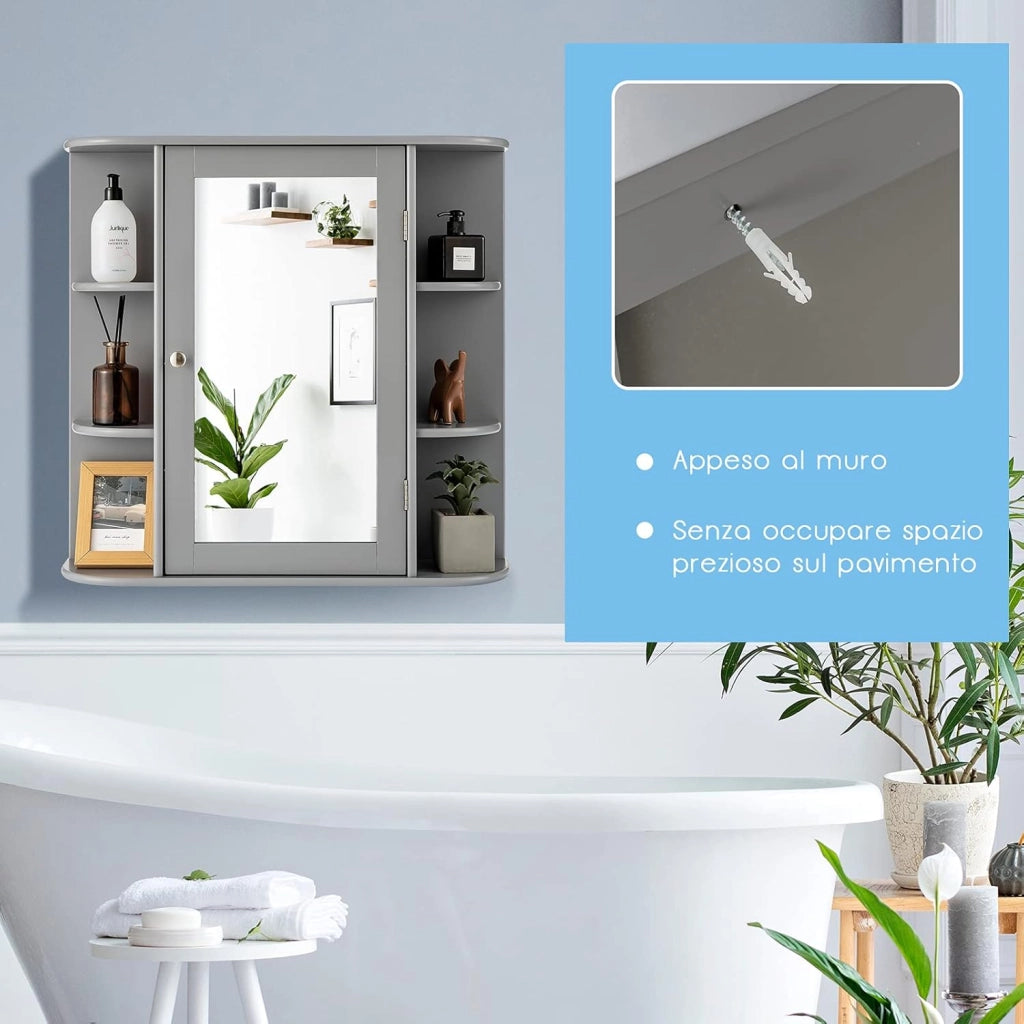 Armadietto del Bagno con Specchio, Armadietto di Legno Appeso con Mensole Regolabili, Armadietto dei Medicinali Multiuso per Bagno Salone Cucina (Grigio)