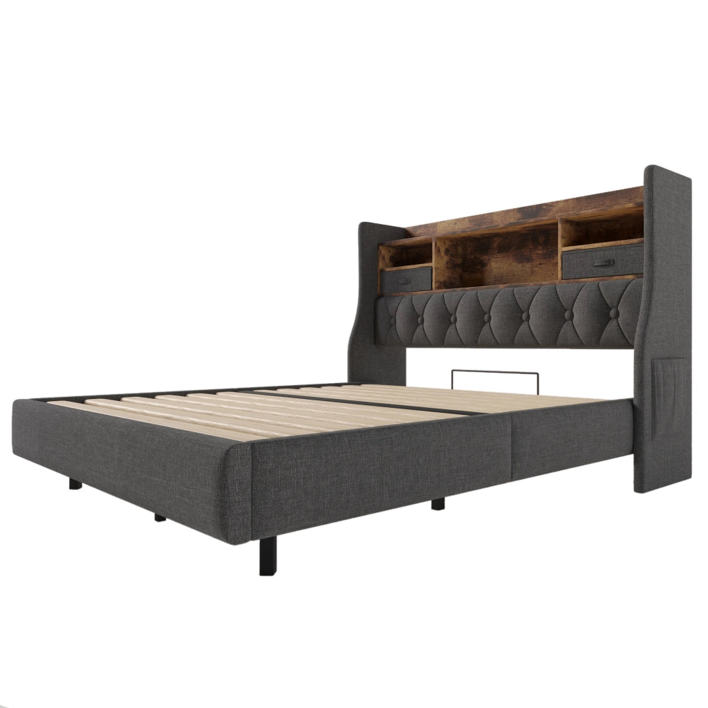 OKWISH Letto Matrimoniale 140×200 cm con LED Regolabile, USB, Tipo C e Contenitore, senza Materasso, in Lino, Grigio