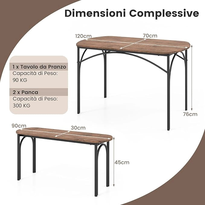 Tavolo da Pranzo con 2 Panche, Set di Tavolo e Panca in Legno e Metallo per 4 Persone, Set Mobile Salvaspazio e Moderno da Cucina, Sala da Pranzo e Soggiorno, Marrone