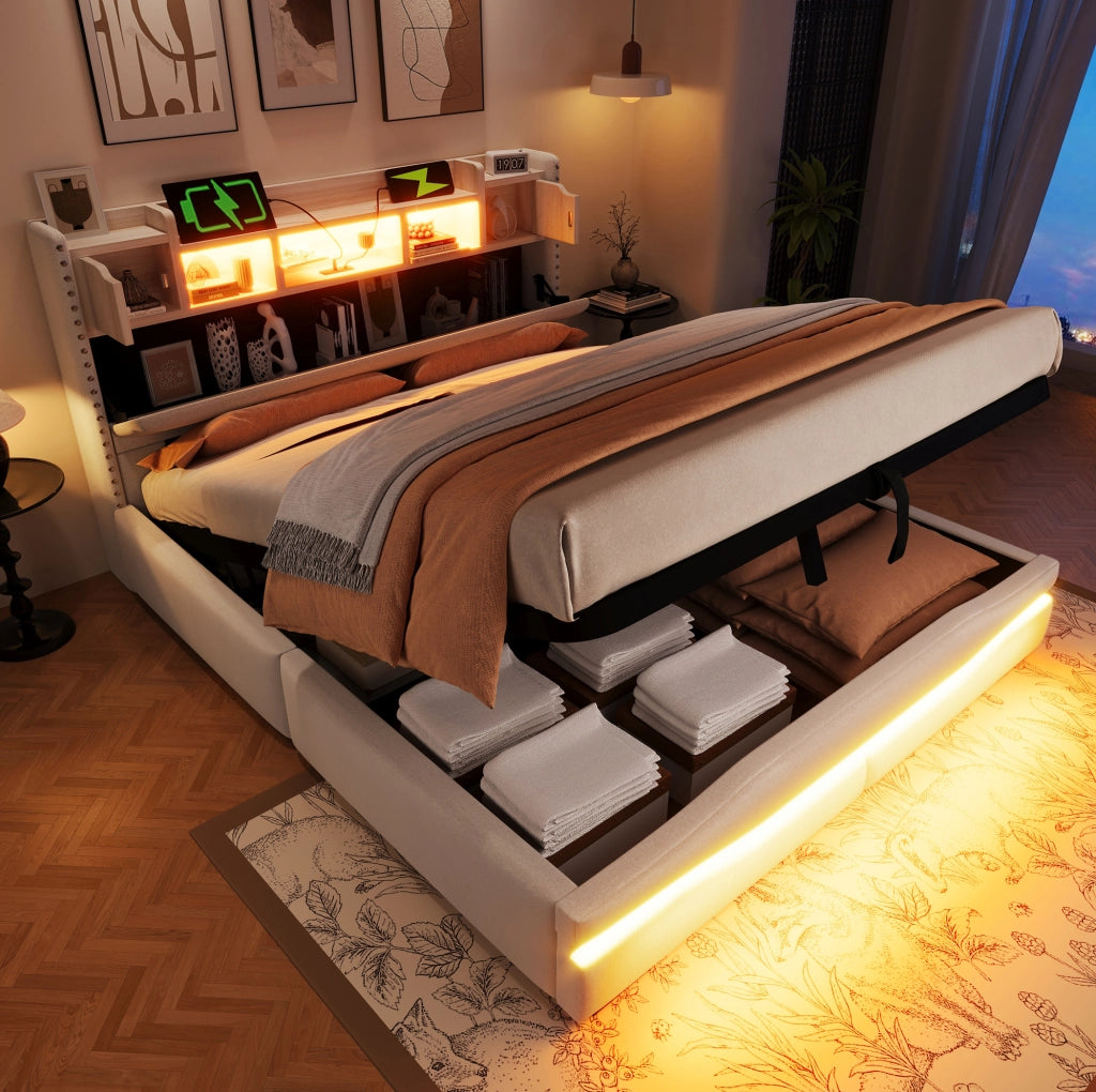 Letto imbottito 160x200 cm con contenitore e LED; prese USB e Tipo-C in lino beige