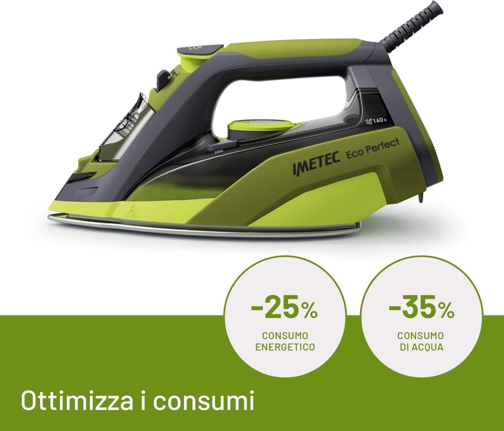Imetec 9017 Eco Perfect Ferro da Stiro a Vapore 2400W Piastra Pro Ceramic Colpo Vapore 160g Serbatoio 300ml Tripla Protezione Anticalcare colore Verde Grigio