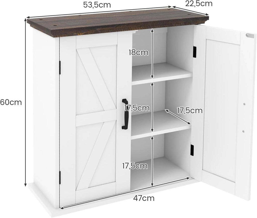 Armadietto pensile da parete con 2 ripiani regolabili e 2 ante, in stile rustico, salvaspazio per bagno, cucina e soggiorno, 53,5 x 22,5 x 60 cm