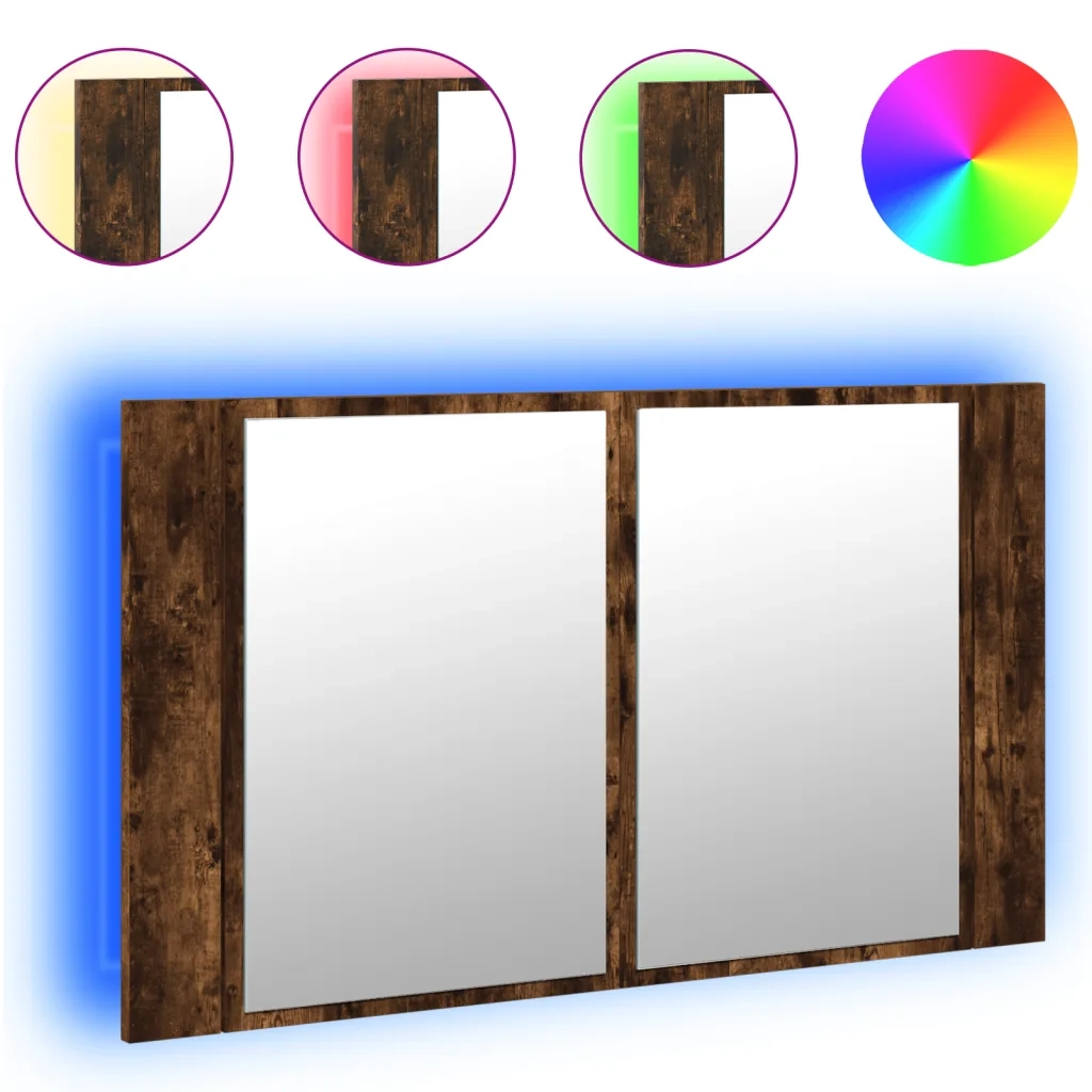 Armadietto a Specchio con LED-Mobile con specchio Rovere Fumo 80x12x45cm Acrilico