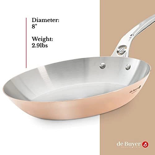 De Buyer 6224.20 Prima Matera Padella Multiuso Rettangolare in Rame e Acciaio Inox Diametro 20,3 cm colore Rame