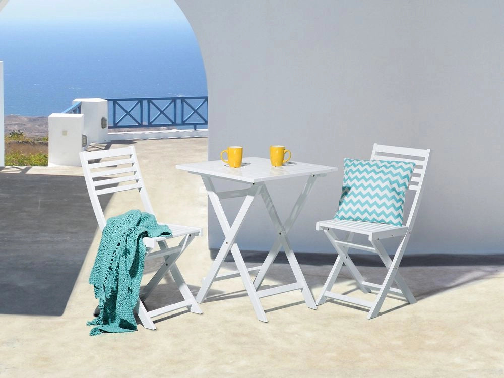 Set da bistrot 3 pezzi in legno massello di acacia bianco pieghevole a doghe design scandinavo moderno