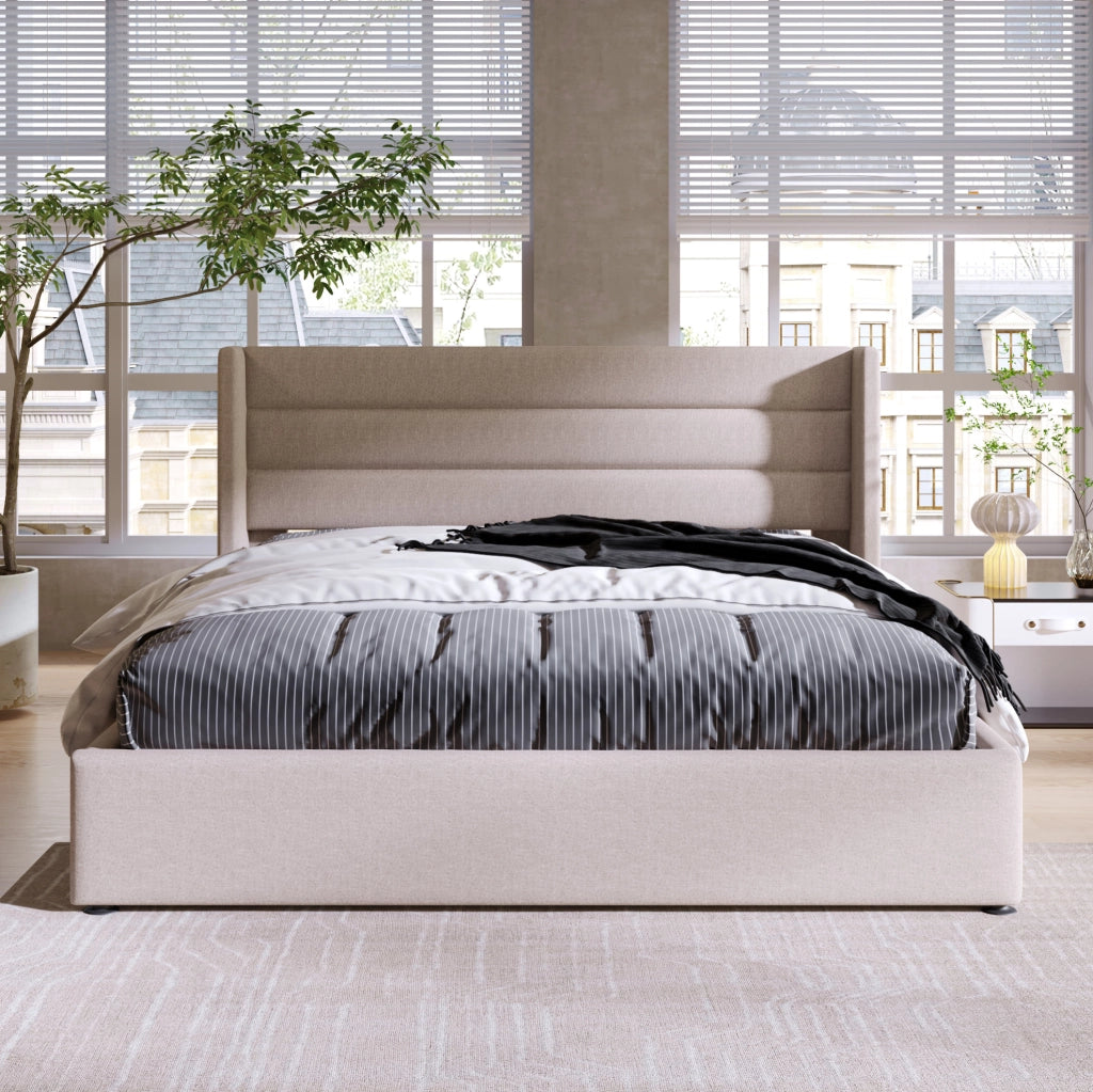 Letto matrimoniale contenitore 160x200 cm con testiera imbottita in lino; beige