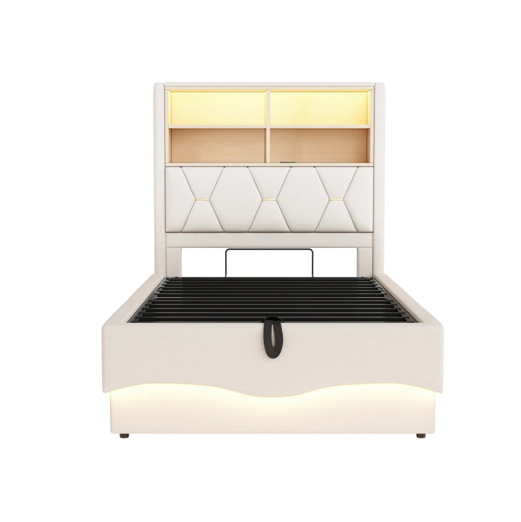 Letto per bambini 90x200 cm con contenitore; LED e USB in ferro e lino beige