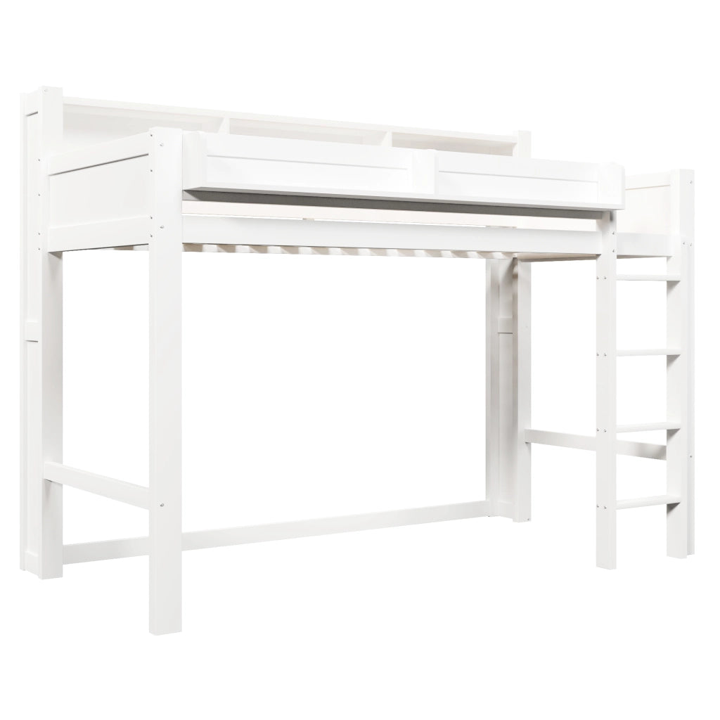 Letto a soppalco 90x200 cm, letto per bambini in legno, con vano portaoggetti, illuminazione a LED, porta USB, bianco