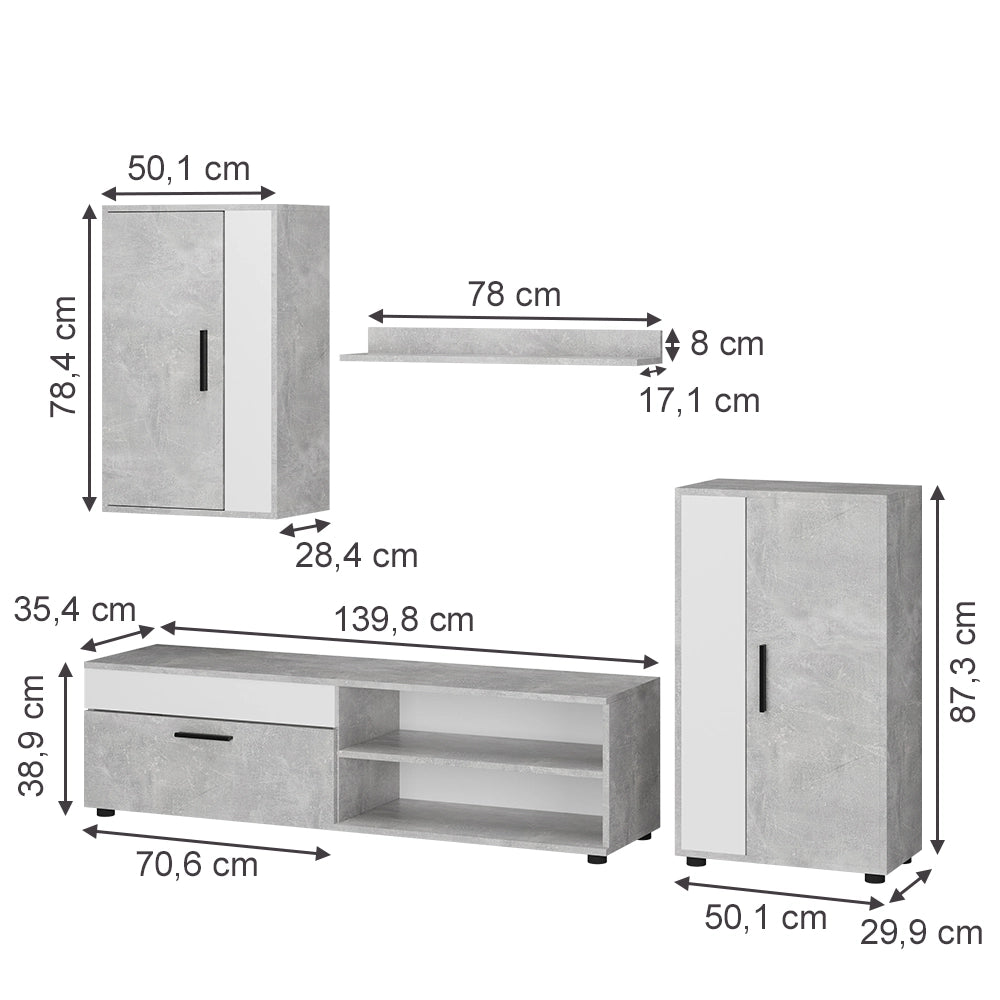 Vicco Parete attrezzata Cemento/Bianco set, 4 parti