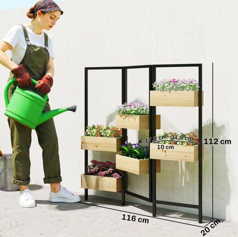 Fioriera divisoria pieghevole con 6 cassette in legno