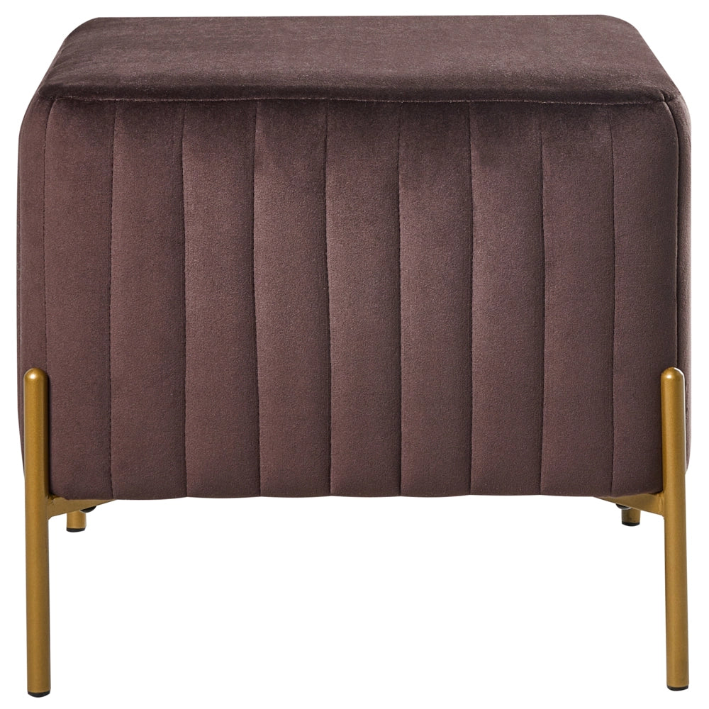 Pouf rivestito in velluto marrone sporco con gambe in metallo dorato seduta quadrata 47 x 47 cm per un salotto glamour