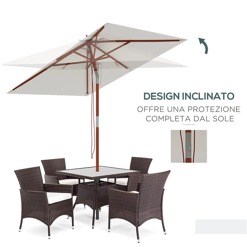 OMBRELLONE RETTANGOLARE INCLINABILE 2X1.5 M CON 6 STECCHE E APERTURA A CORDA IN BAMBÙ E POLIESTERE BEIGE